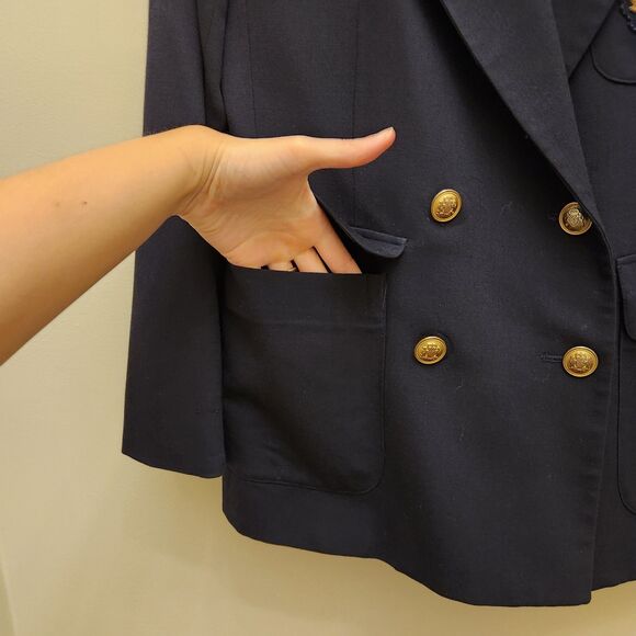 Vtg Ralph Lauren Worsted Wool Royal Crown Crest Navy Double-Breasted Blazer - Picture 7 of 15